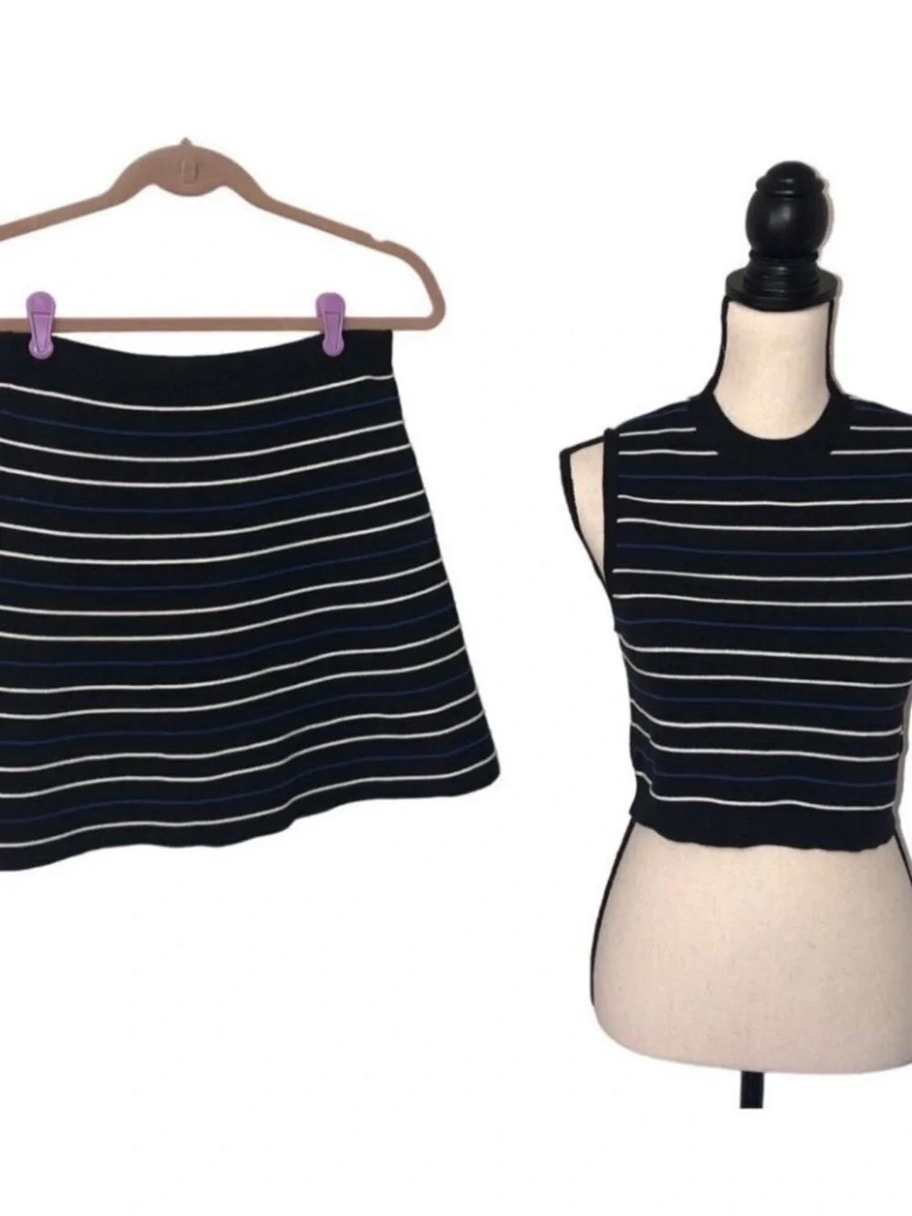 Free People Size M Skirt Set Knit Mini Black Blue White Stripe Sleeveless Skater - Picture 1 of 8